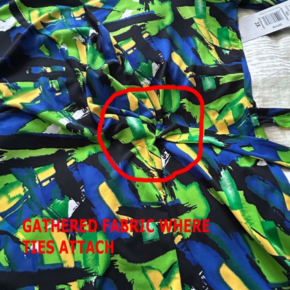 TUNIC, STRETCH, BLUE/YELLOW/GREEN, SIZE 3X, VEE NECK, WAIST TIES FOR BOW, - Picture 2 of 13